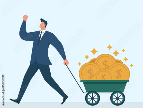 Victorious businessman pulling a wagon of gold coins, Financial Success, Wealth Accumulation, Business Victory, Profitable Investment, Hard Work Reward