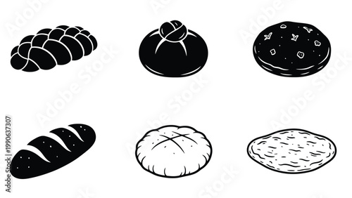 Black and White Bread Icons Set. Assortment of Bakery Loaves and Buns Illustrations for Menu Design
