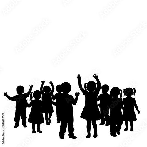 Group of children standing together waving.