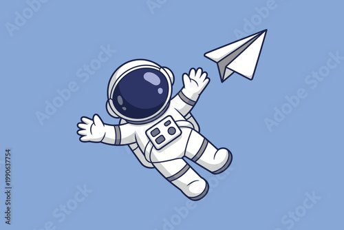 Cute cartoon astronaut floating in space, throwing paper airplane, outer space exploration concept.