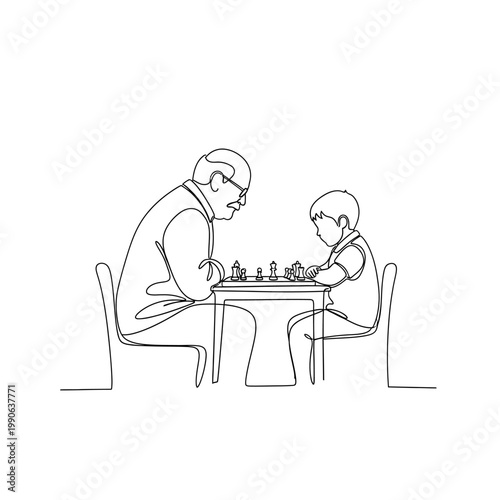 Man and boy playing chess game.