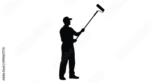 A painter uses an extension pole roller to reach high walls silhouette