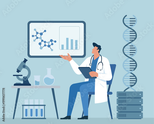 Medical scientist presenting molecular data on a digital board in a modern biotech lab with microscope and DNA flat vector illustration, Molecular Data Presentation, Biotechnology Research Lab