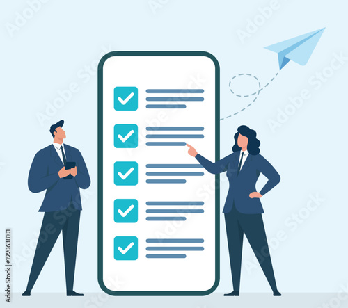 Business professionals completing a digital checklist on a large smartphone with a paper airplane launching in this flat vector illustration, Digital Mobile Task Management