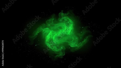 A glowing green nebula swirls through the dark space with stars
