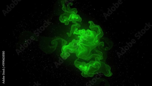 Glowing green smoke swirls upwards in the dark space