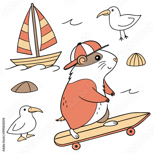 Silly Guinea pig with riding a skateboard, set in a charming Beach day theme – Ocean Breeze color vector art