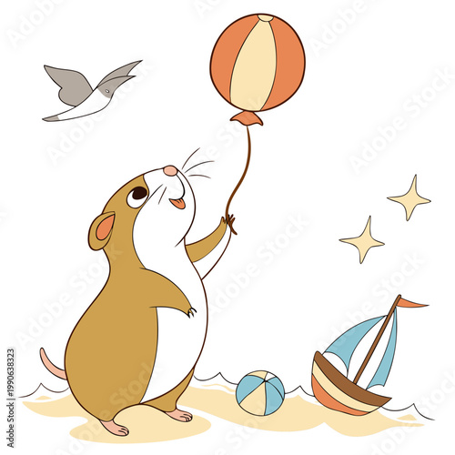 Cute Joyful Guinea pig, accessorized with with a balloon, in a Beach day world – Ocean Breeze palette vector