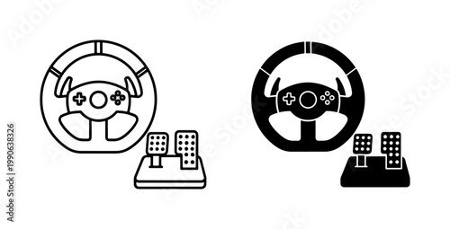 Gaming Steering Wheel and Pedals Vector Icons, Racing Simulation Control Set, Digital Game Accessory Graphics