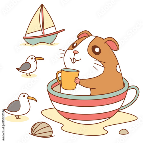 Delightful Content Guinea pig in a Beach day scene with sitting in a teacup ride – Ocean Breeze vector illustration