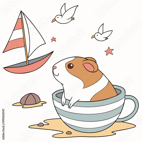 Playful Funny Guinea pig design, styled with sitting in a teacup ride and Ocean Breeze shades in a Beach day setting