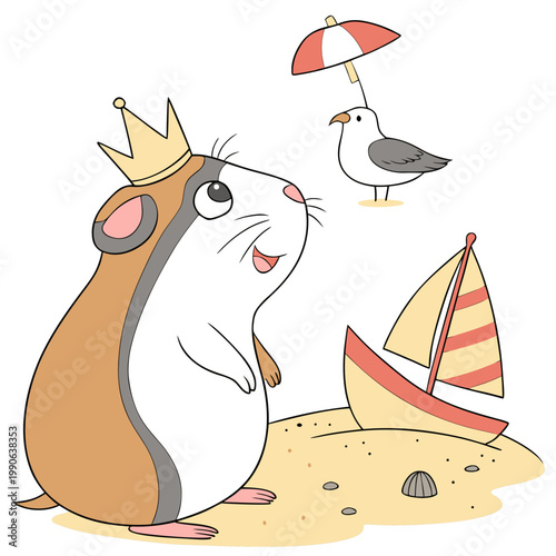 Cheerful Guinea pig with with a tiny crown, set in a charming Beach day theme – Ocean Breeze color vector art