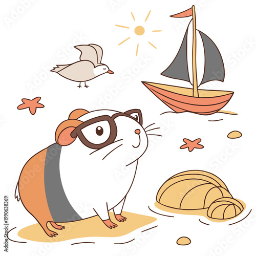 Cute SVG of a Funny Guinea pig in Ocean Breeze colors, featuring wearing glasses in a Beach day setting