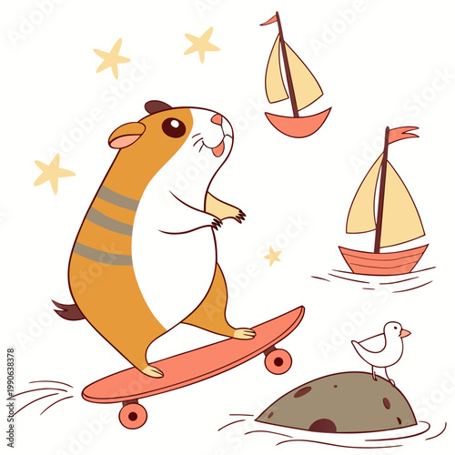 Ocean Breeze colored Guinea pig with a Playful touch, placed in a Beach day theme and styled with riding a skateboard