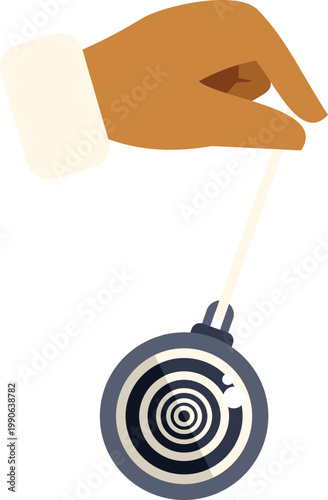 Hand holding a hypnotic pendulum with a spiral pattern