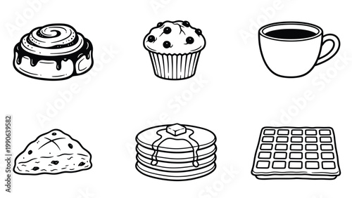 Monochrome Breakfast & Bakery Icons Set: Coffee, Pancakes, Muffins, Waffle, Scone, Cinnamon Roll Line Art