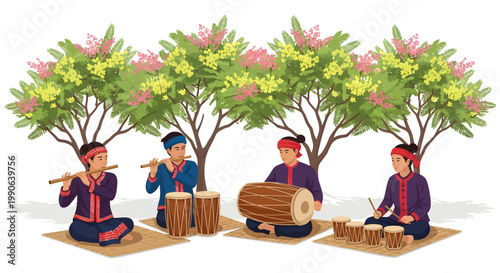 traditional asian musicians playing instruments outdoors