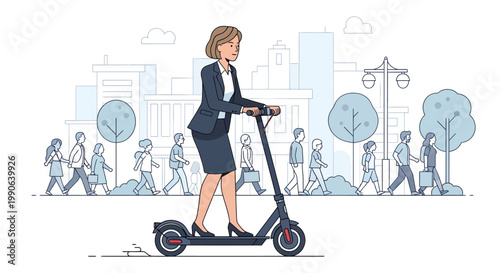Businesswoman riding electric scooter in city