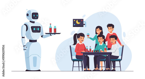 Robot serving food to happy family at dinner table with TV
