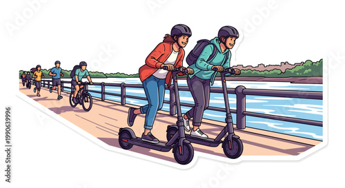 People riding electric scooters on a waterfront boardwalk