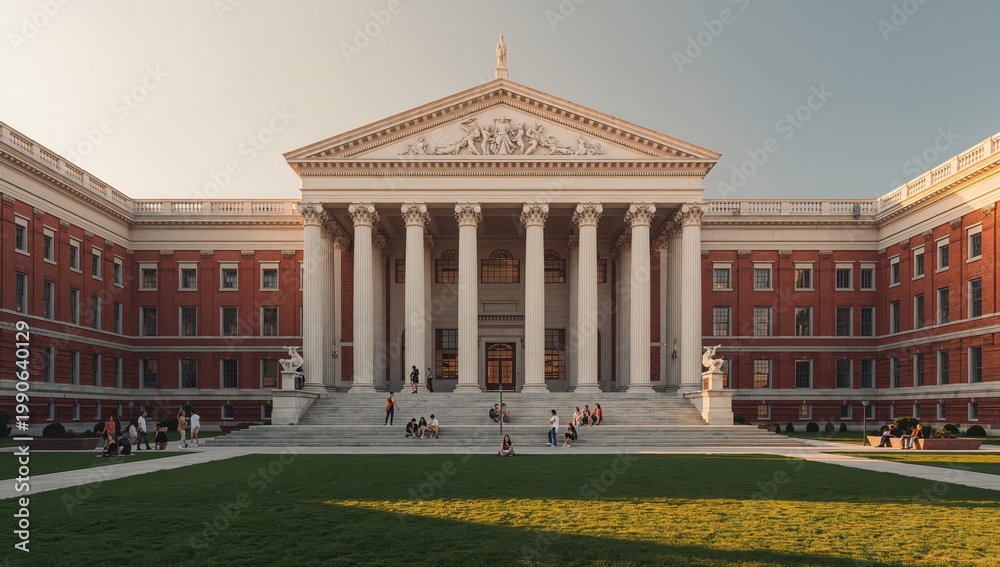 Fototapeta premium University campus architecture with symmetrical design and green surroundings, showcasing education, learning environment and institutional structure