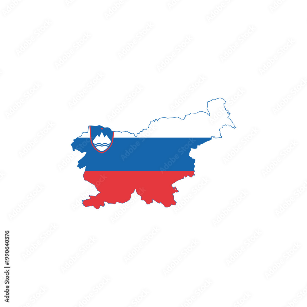 Fototapeta premium The Slovenian flag colors fill the country's map on a white background illustration.