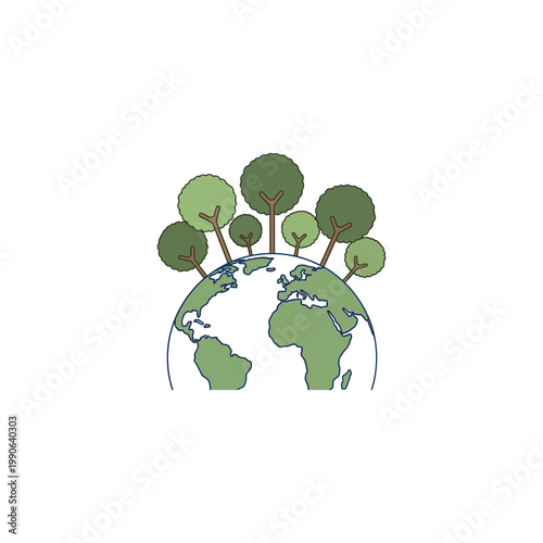 Green trees grow on a globe with continents and oceans visible.