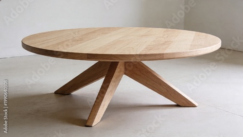 features a modern, minimalist-style round coffee table. The table is made of light-colored wood, showcasing a smooth, polished surface. It has a simple, elegant design with a circular tabletop support