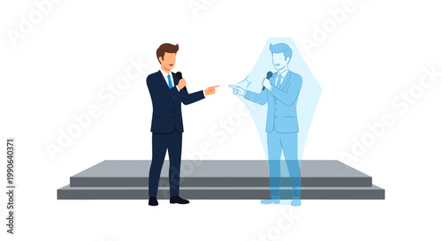 Businessman handing over document to ghostly transparent colleague