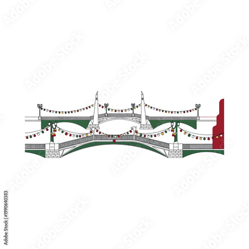 An illustration of a decorated bridge with lights and festive decorations at night.