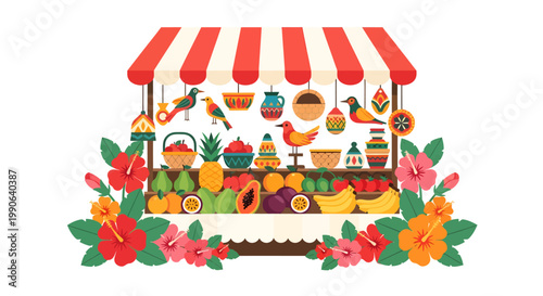 Colorful fruit and food stand with floral decoration