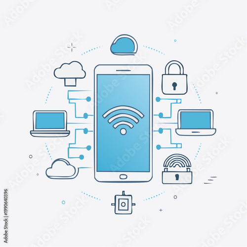 A business smartphone connects to a global internet network via a cloud technology server, featuring a set of communication icons and vector web symbols for mobile media and data connection