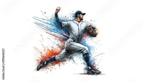 A baseball player in motion throwing a ball with colorful splashes