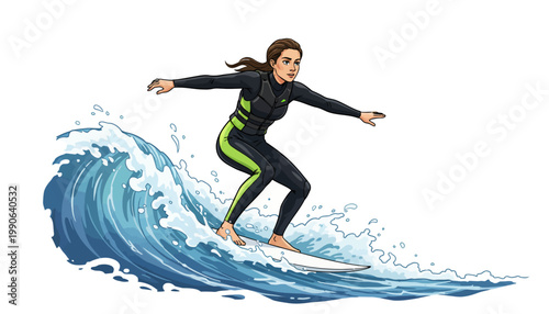 A woman in a wetsuit surfing on a wave in the ocean