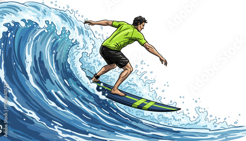A man surfing on a large wave in the ocean with skill