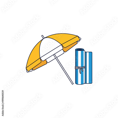 A yellow beach umbrella stands next to rolled blue and white striped towels on sand.