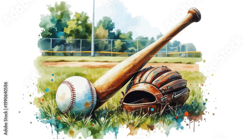 A baseball bat, ball, and glove sit on a grassy field