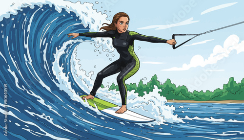 A woman in a wetsuit surfing on a wave in the ocean