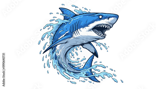 A fierce cartoon shark jumping out of the ocean water with a powerful splash