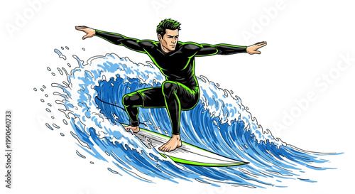 A man in a black wetsuit surfing on a wave with a green surfboard