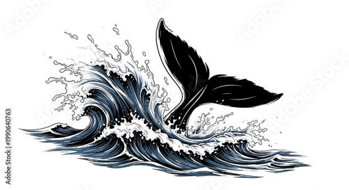 A dramatic illustration of a whale tail in a turbulent ocean wave