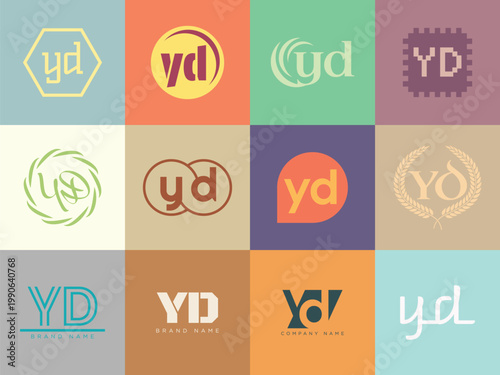 YD logo company template. Letter y and d logotype. Set different classic serif lettering and modern bold text with design elements. Initial font typography.
