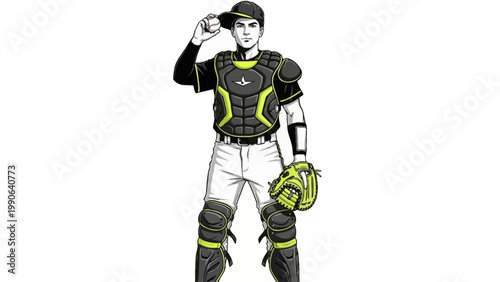 A baseball catcher in a black and yellow uniform stands confidently