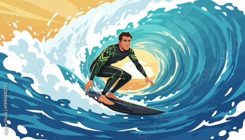 A surfer rides a wave in a vibrant ocean scene at sunset