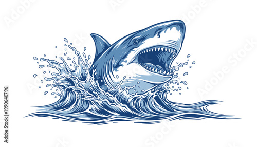 A fierce shark jumping out of the ocean water with a powerful splash