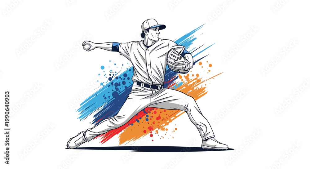 Obraz premium A baseball player in motion throwing a ball with colorful splashes