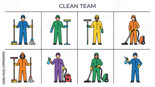 Diverse Cleaning Team Characters with Janitorial Tools and Equipment - Professional Staff Illustration