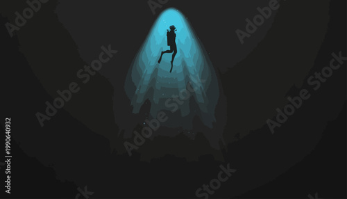 A scuba diver swims through dark water illuminated by a beam of light