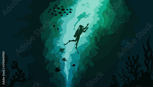 Scuba divers exploring an underwater ocean cave with coral and fish