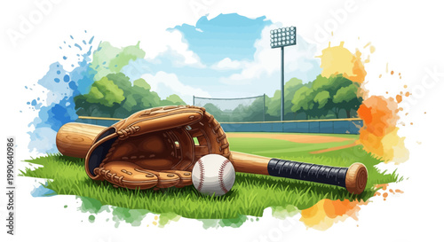 A baseball glove, bat, and ball sit on a lush green field